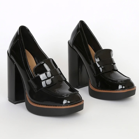 Black Super Chunky Heel Penny Loafers - Picture 2 of 8